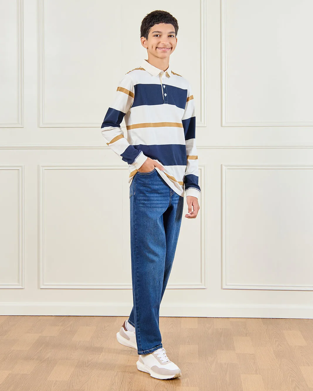 Senior Boys White Stripes Long Sleeve Polo sold by Redtag product image thumbnail 2