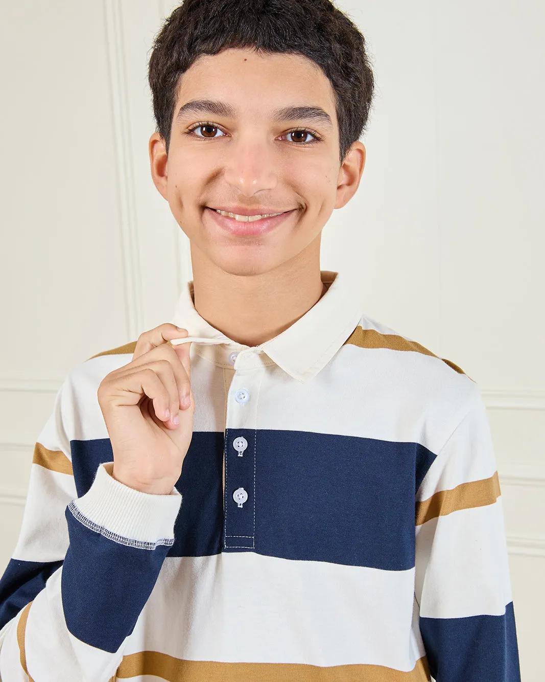 Senior Boys White Stripes Long Sleeve Polo sold by Redtag product image thumbnail 4