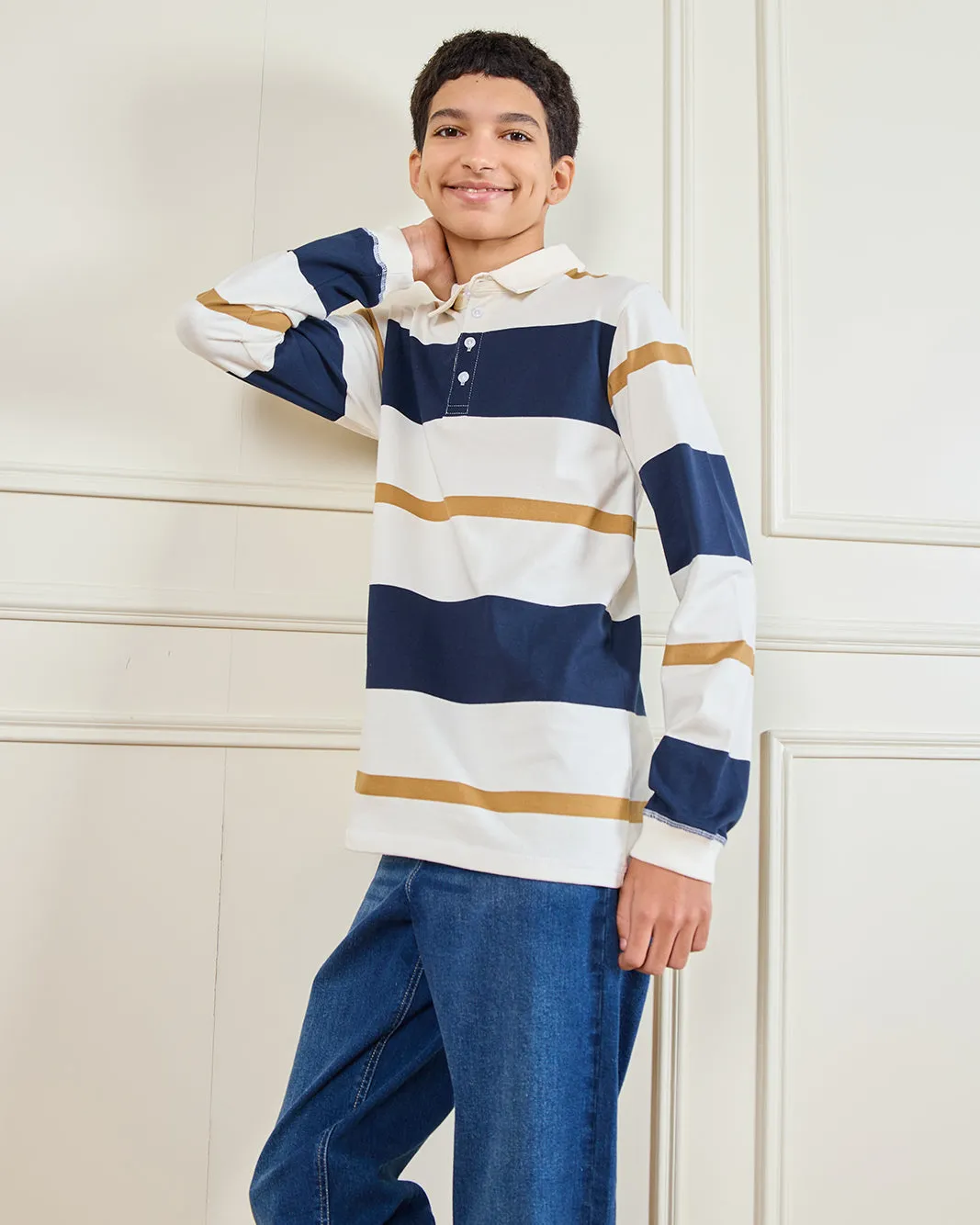 Senior Boys White Stripes Long Sleeve Polo sold by Redtag product image thumbnail 5