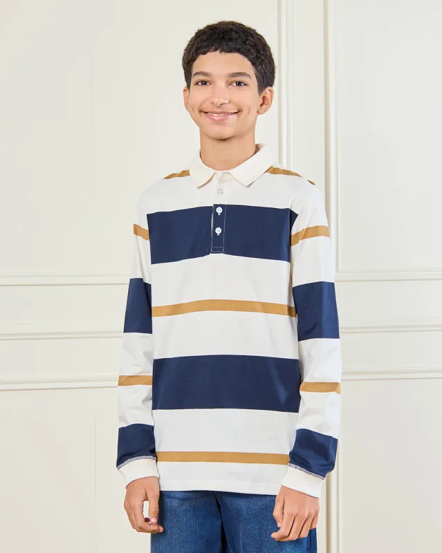 Senior Boys White Stripes Long Sleeve Polo sold by Redtag