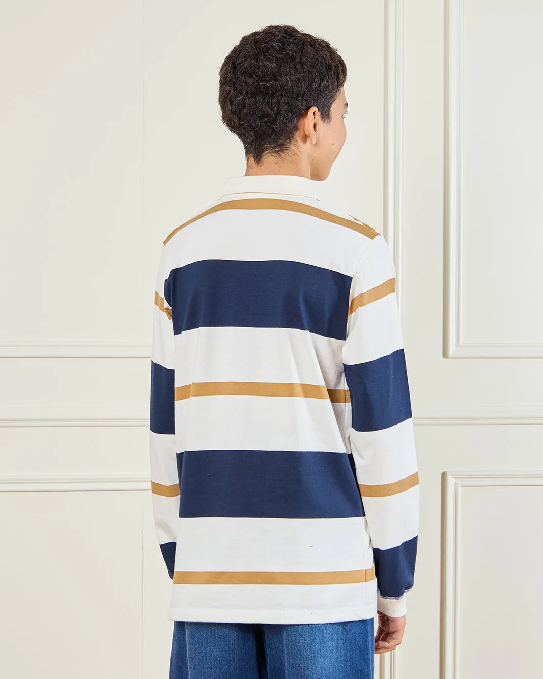 Senior Boys White Stripes Long Sleeve Polo sold by Redtag product image thumbnail 3