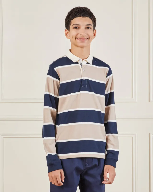 Senior Boys Beige Striped Long Sleeve Polo Shirt sold by Redtag
