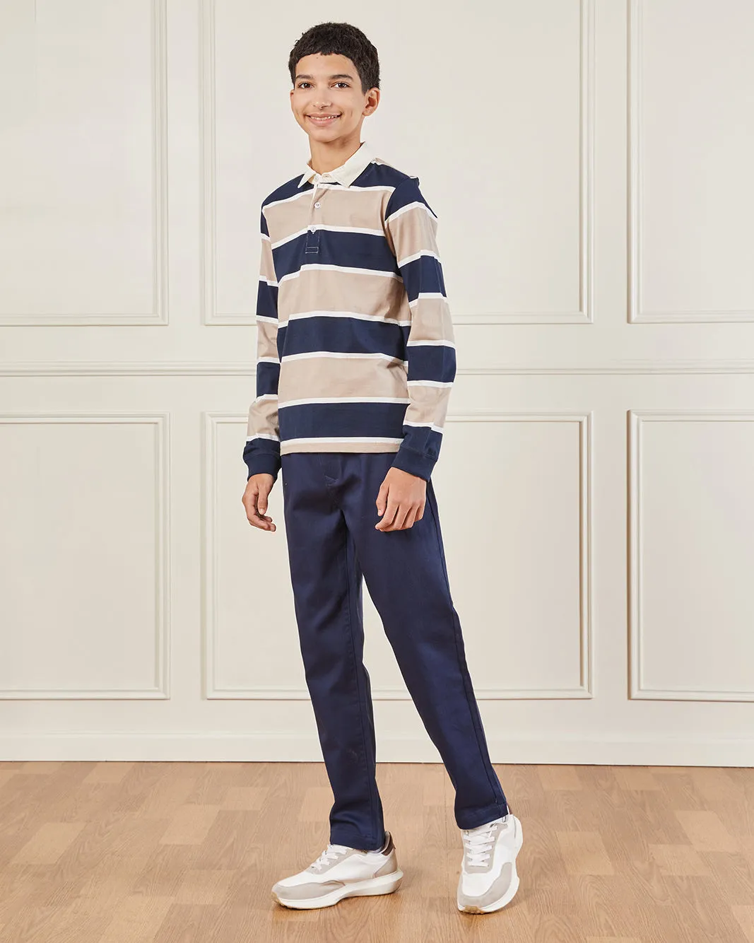 Senior Boys Beige Striped Long Sleeve Polo Shirt sold by Redtag product image thumbnail 2