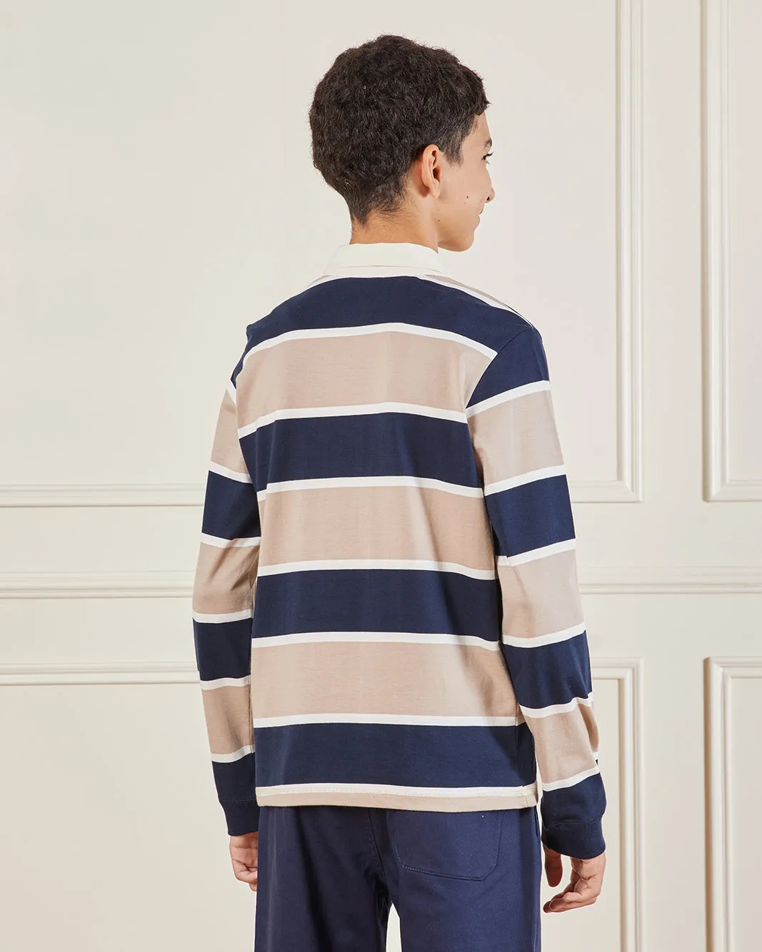 Senior Boys Beige Striped Long Sleeve Polo Shirt sold by Redtag product image thumbnail 3