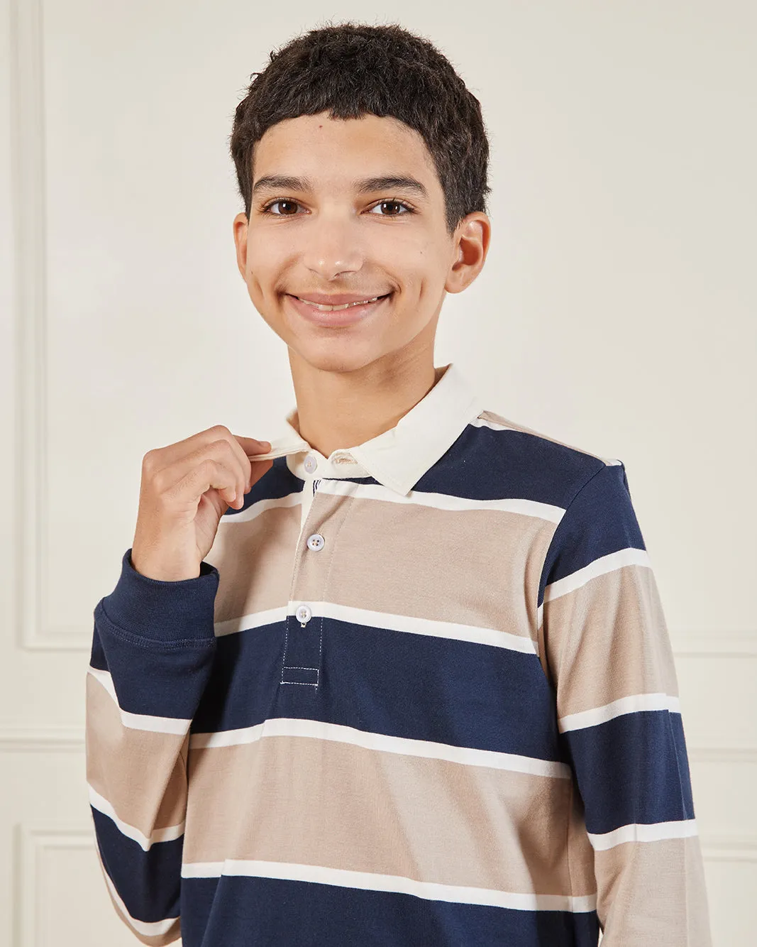 Senior Boys Beige Striped Long Sleeve Polo Shirt sold by Redtag product image thumbnail 4