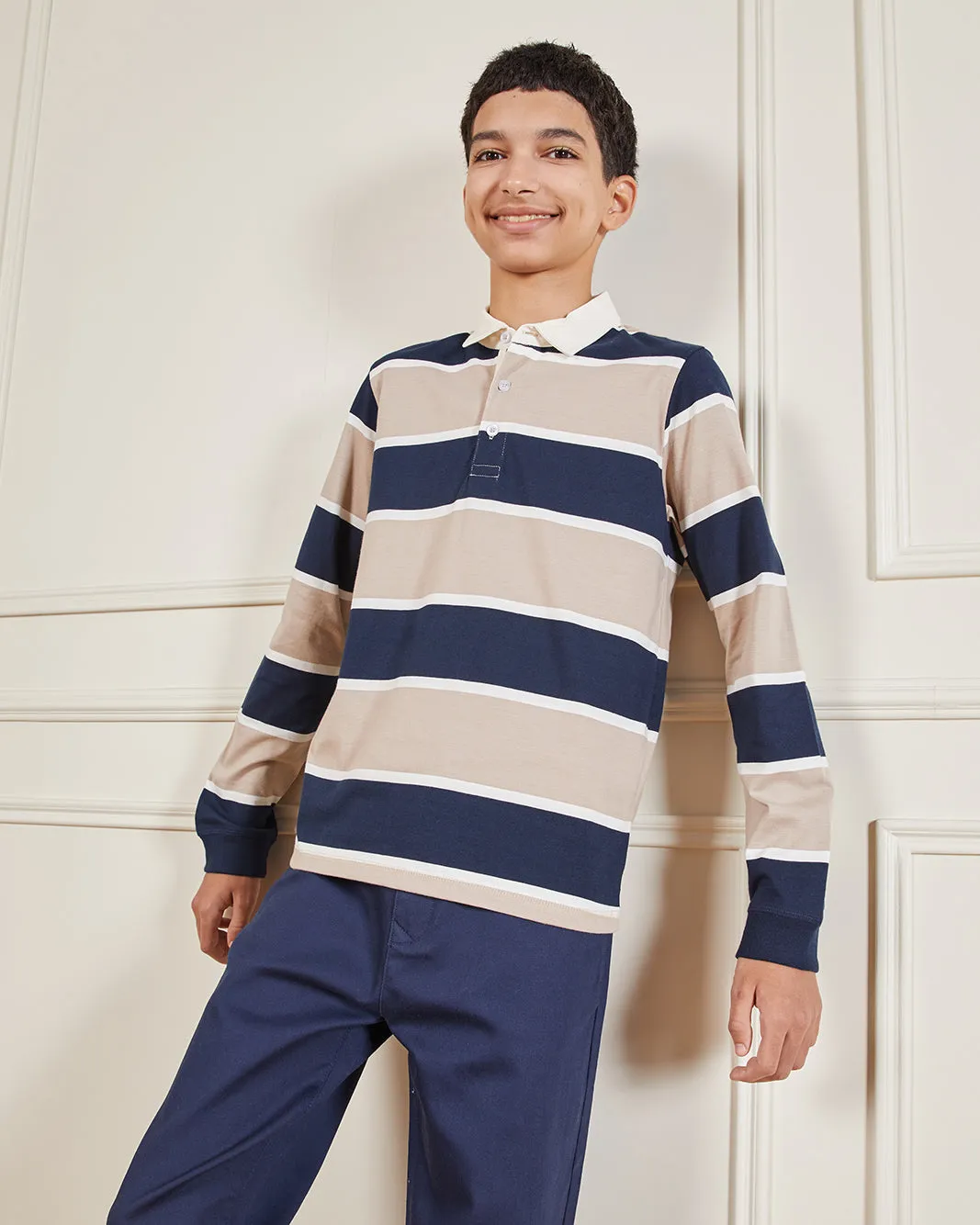 Senior Boys Beige Striped Long Sleeve Polo Shirt sold by Redtag product image thumbnail 5