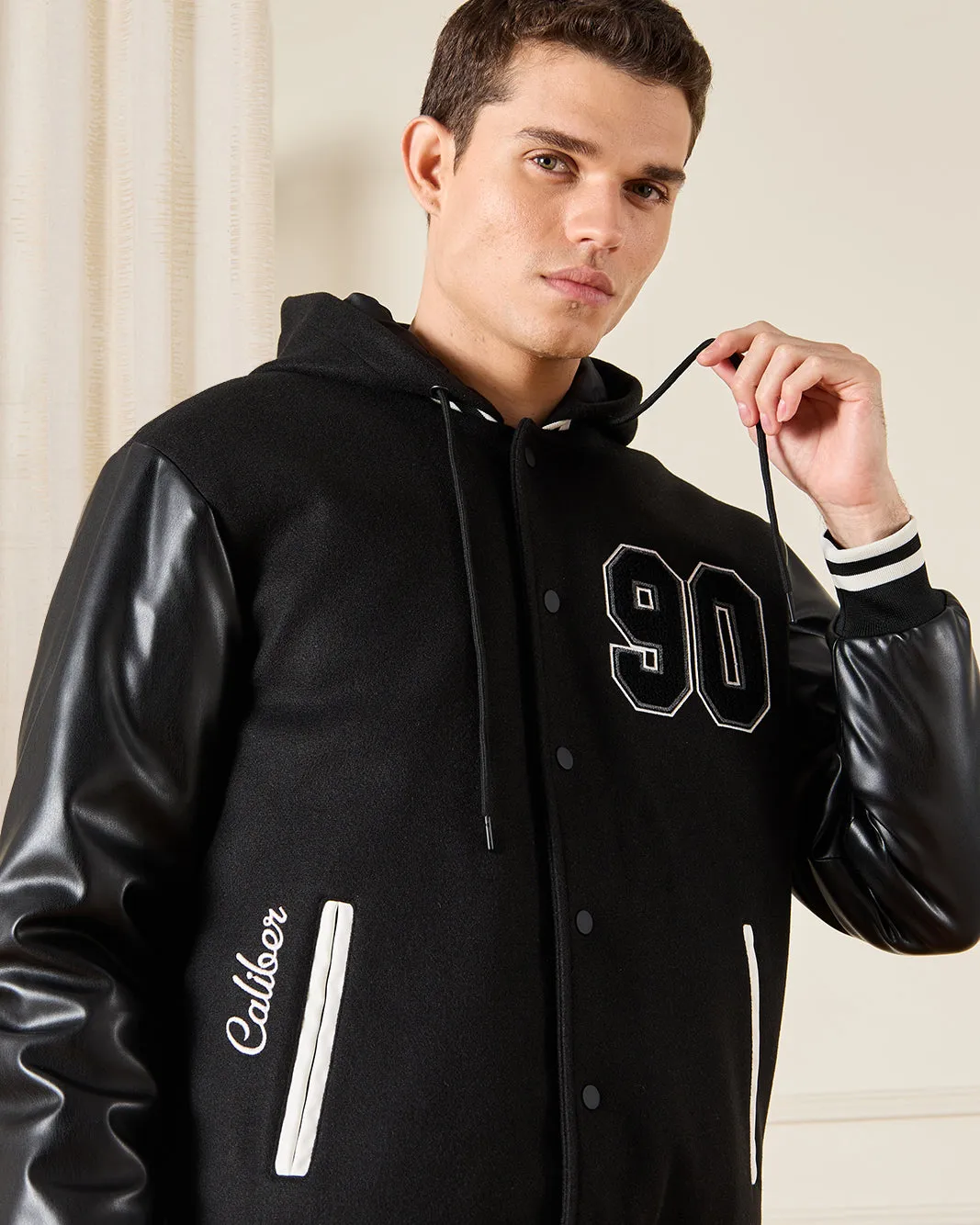 Men Black Embellished Baseball Jacket sold by Redtag product image thumbnail 4