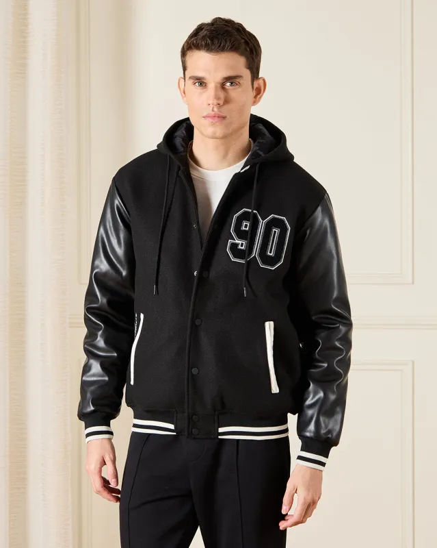 Men Black Embellished Baseball Jacket sold by Redtag