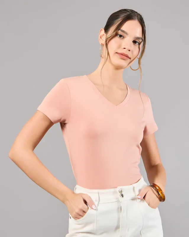 Women Pink V-Neck Basic T-Shirt sold by Redtag