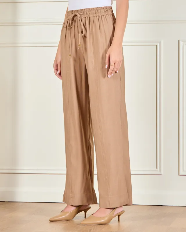 Women Beige Drawstring Wide-Leg Pants sold by Redtag