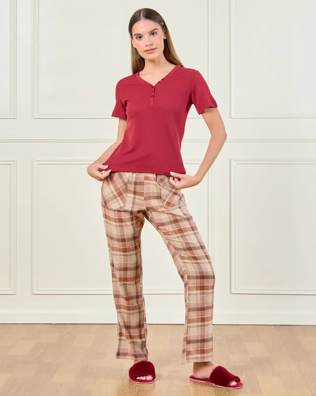 Women Burgundy And Beige Checkered Pyjama Set (2 Piece) sold by Redtag