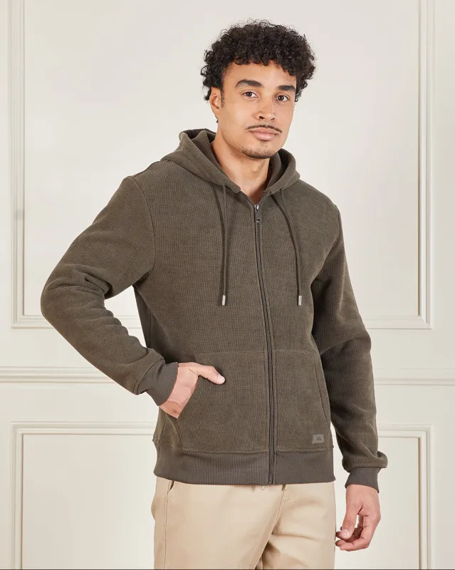 Men Olive Faux Fur Lined Hooded Sweatshirt sold by Redtag