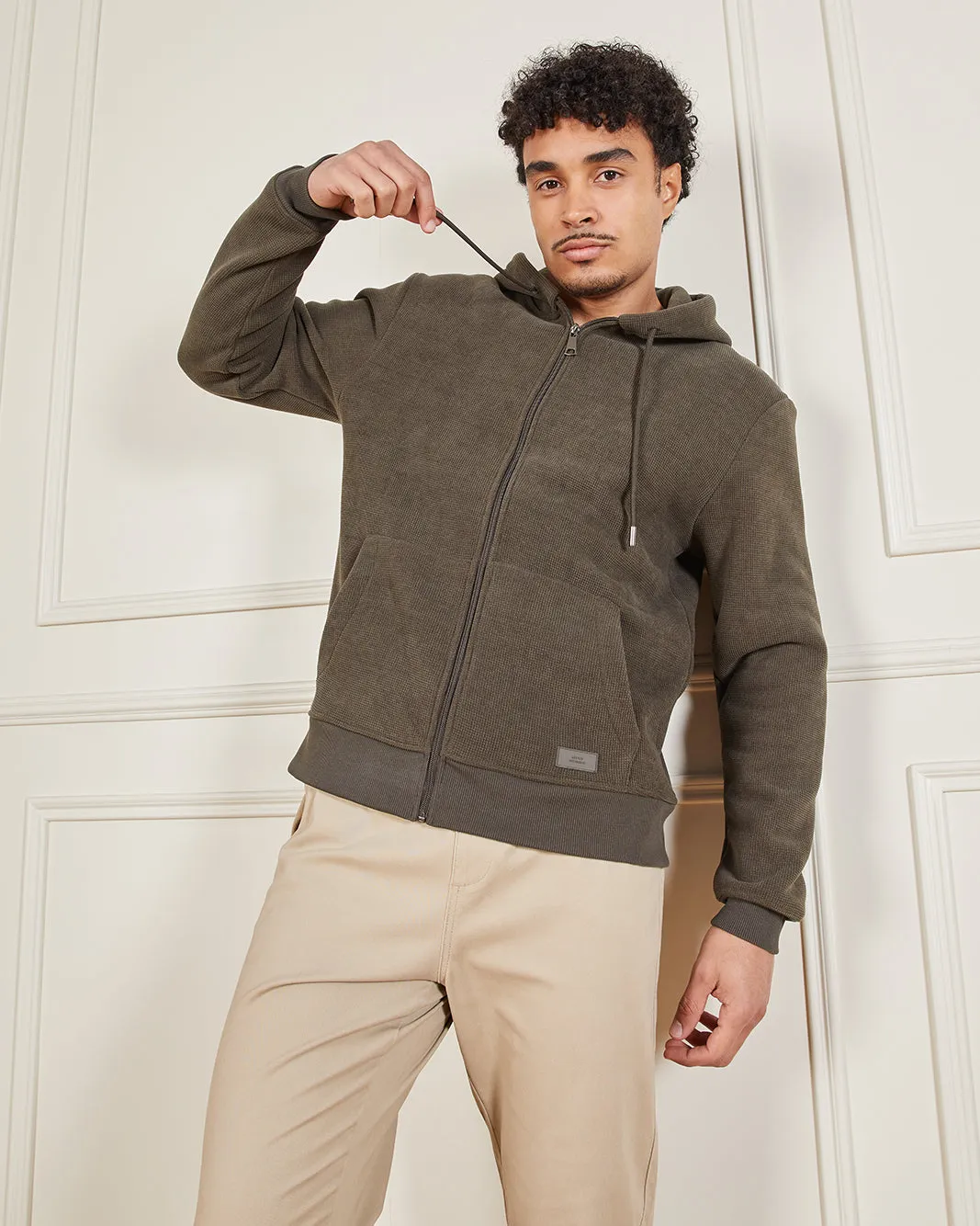 Men Olive Faux Fur Lined Hooded Sweatshirt sold by Redtag product image thumbnail 5