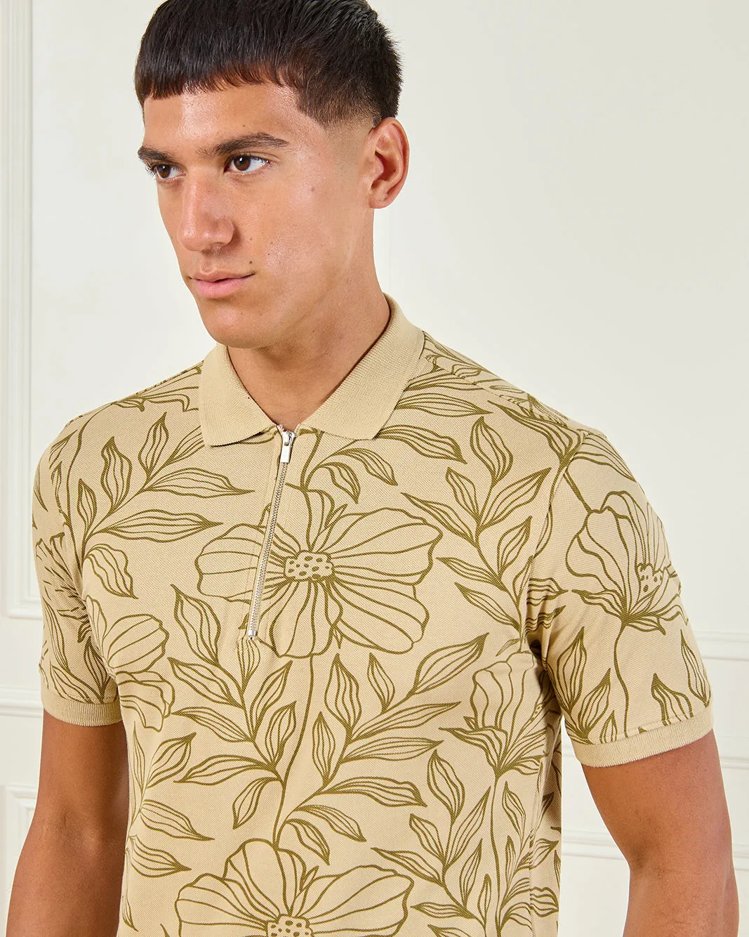Men Beige Floral Print Polo Shirt sold by Redtag product image thumbnail 4