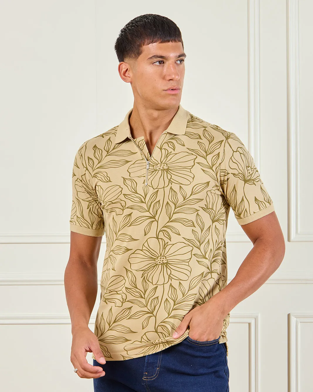 Men Beige Floral Print Polo Shirt sold by Redtag