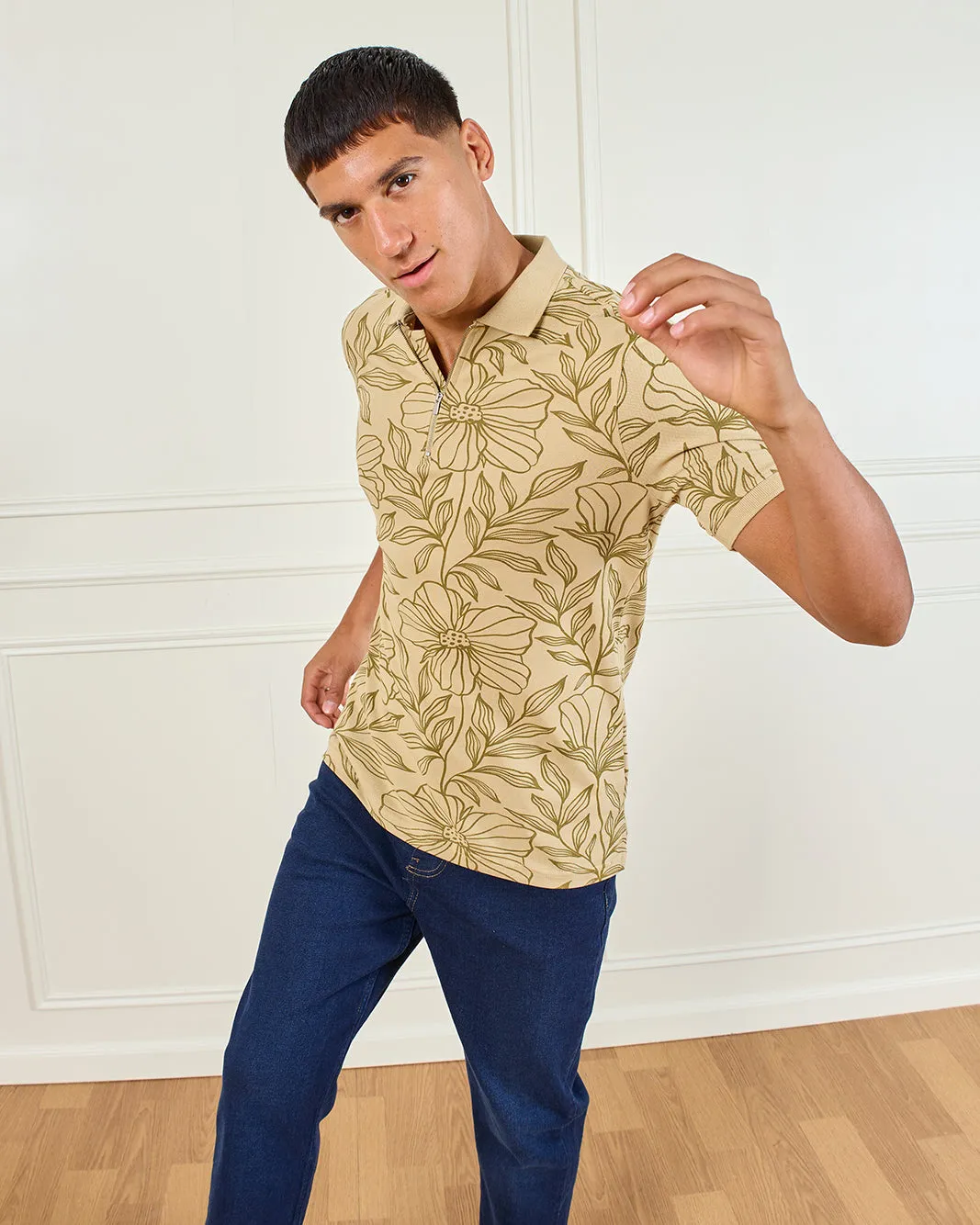 Men Beige Floral Print Polo Shirt sold by Redtag product image thumbnail 5
