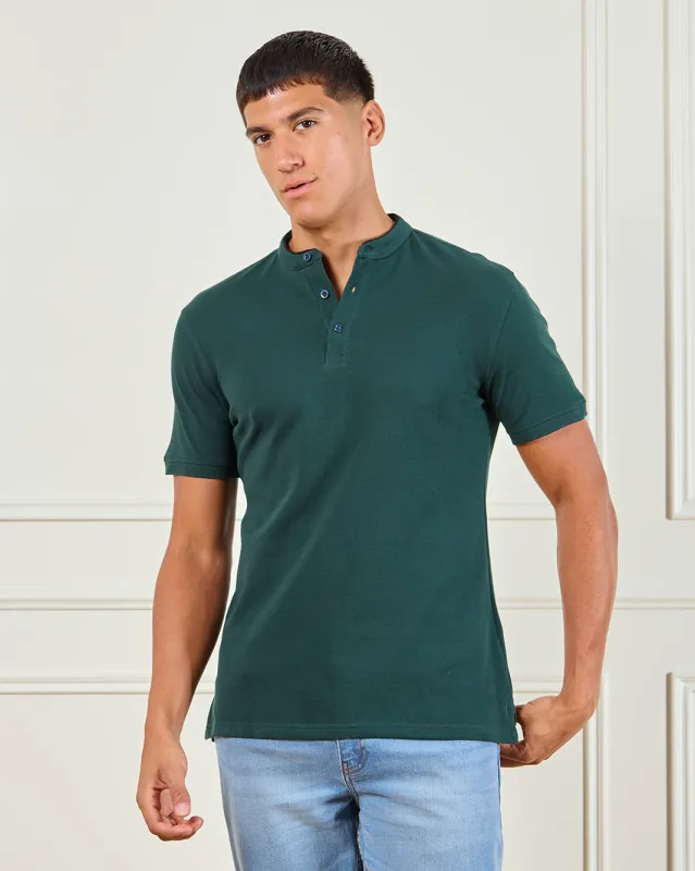 Men Green Standup Collar Polo Shirt sold by Redtag