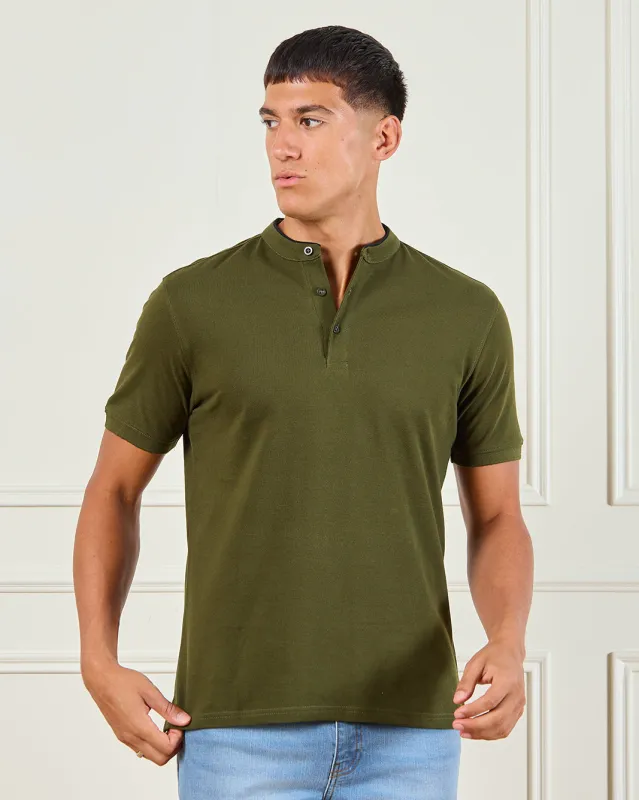 Men Olive Standup Collar Polo Shirt sold by Redtag