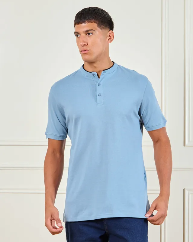 Men Blue Standup Collar Polo Shirt sold by Redtag