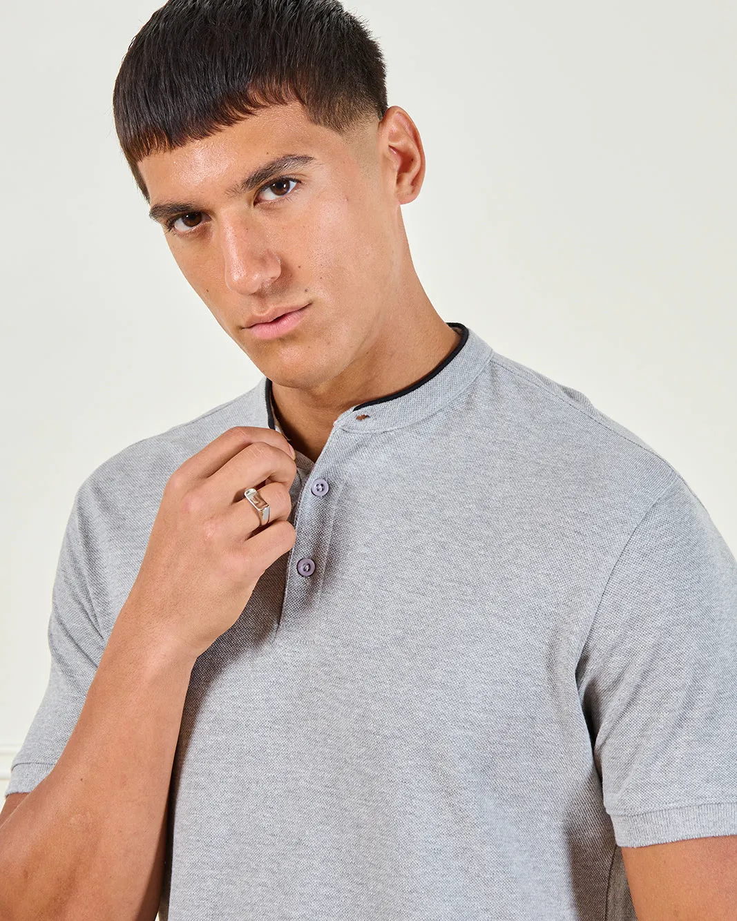 Men Grey Standup Collar Polo Shirt sold by Redtag product image thumbnail 4