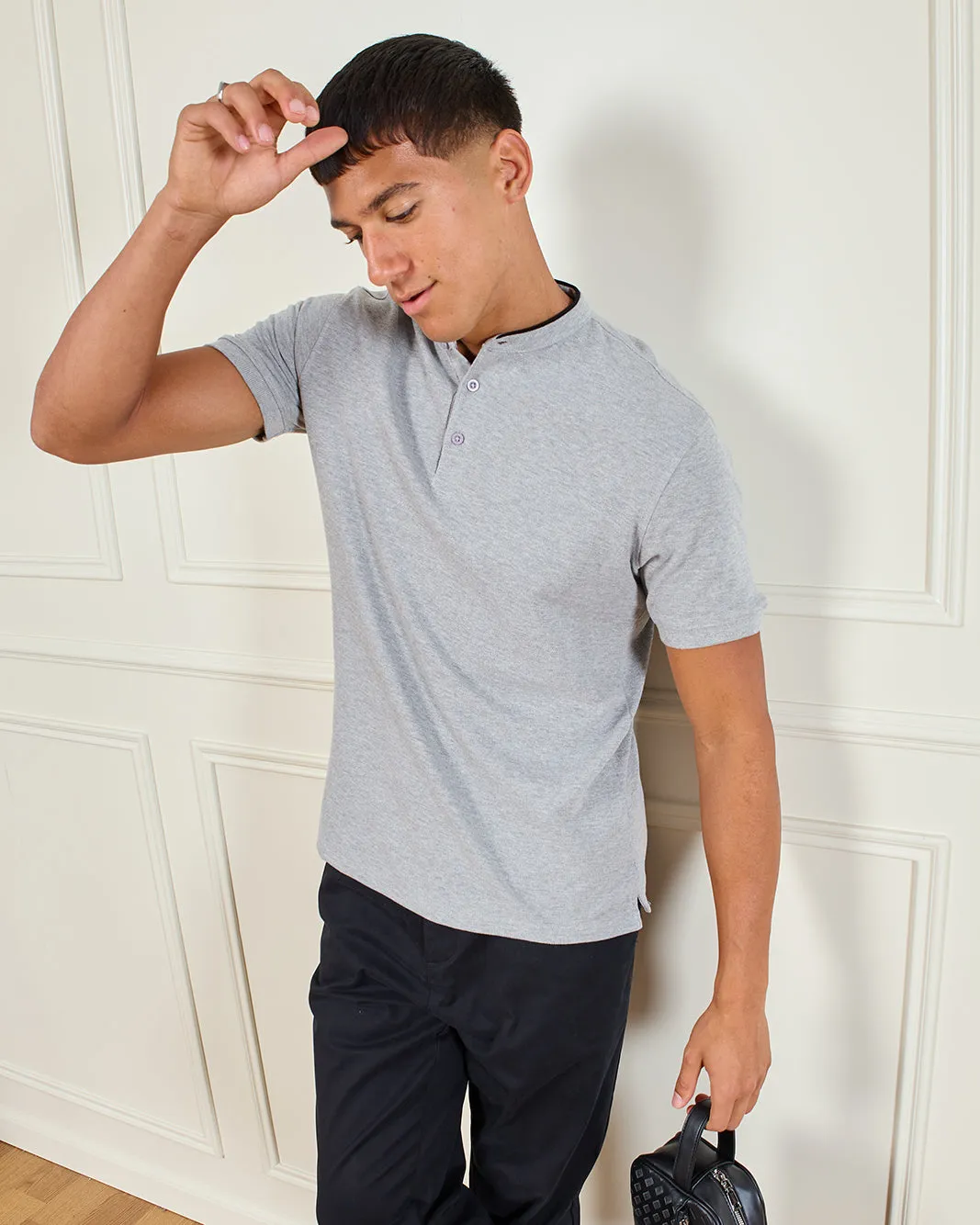 Men Grey Standup Collar Polo Shirt sold by Redtag product image thumbnail 5