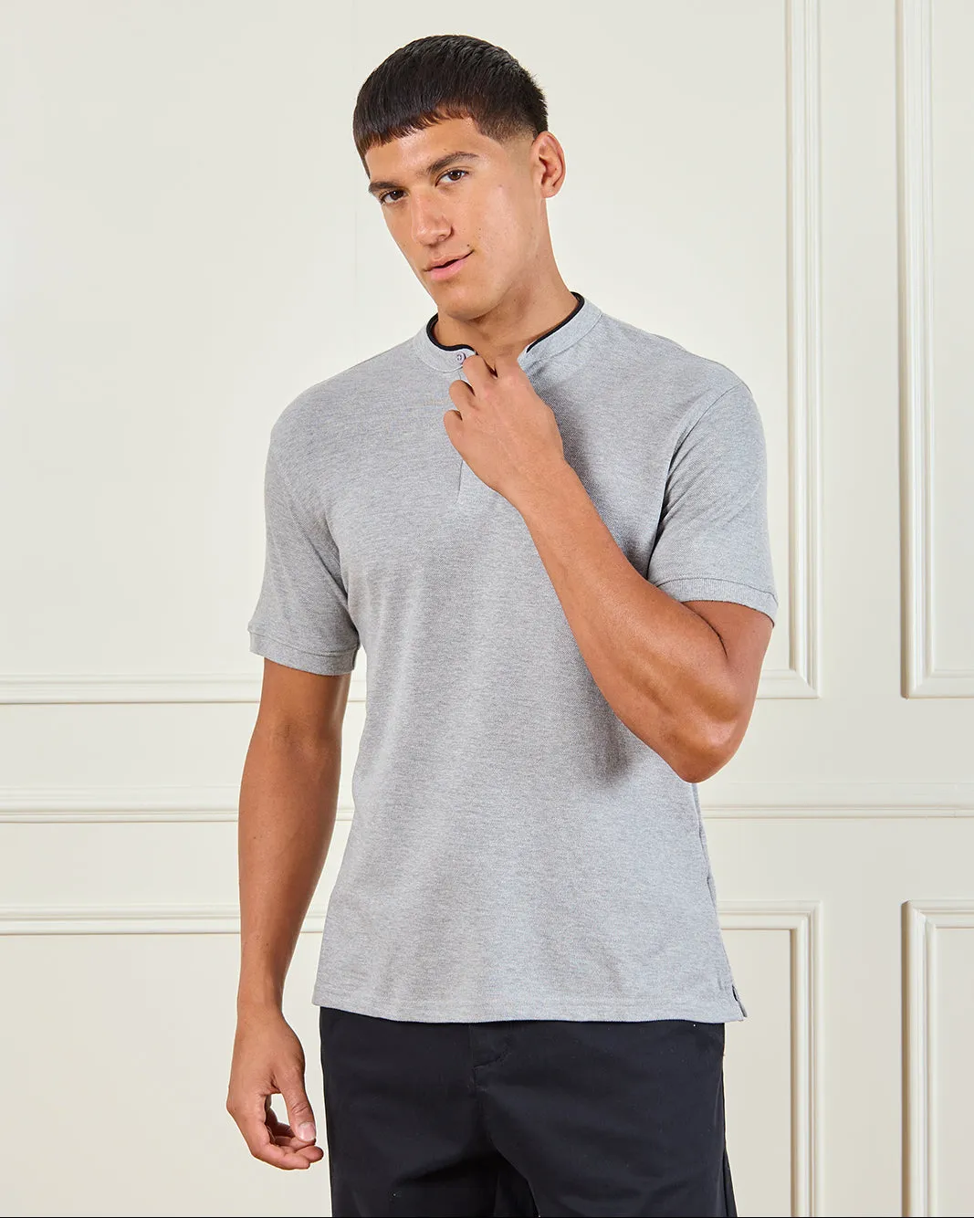 Men Grey Standup Collar Polo Shirt sold by Redtag