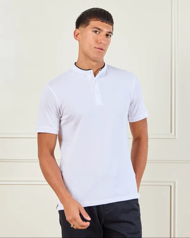 Men White Standup Collar Polo Shirt sold by Redtag