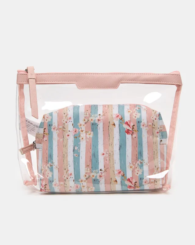 Women Pink 2-Piece Transparent Striped Cosmetic Bag Set sold by Redtag