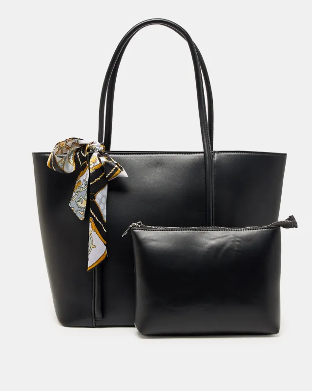 Women Black Tote Bag with Printed Scarf and Pouch sold by Redtag