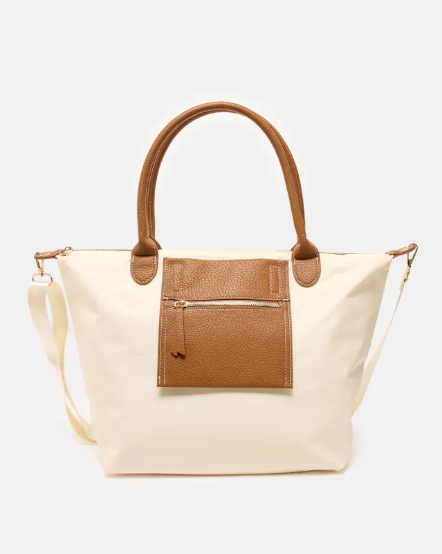 Women Beige Tote Bag with Brown Handles and Front Pocket sold by Redtag