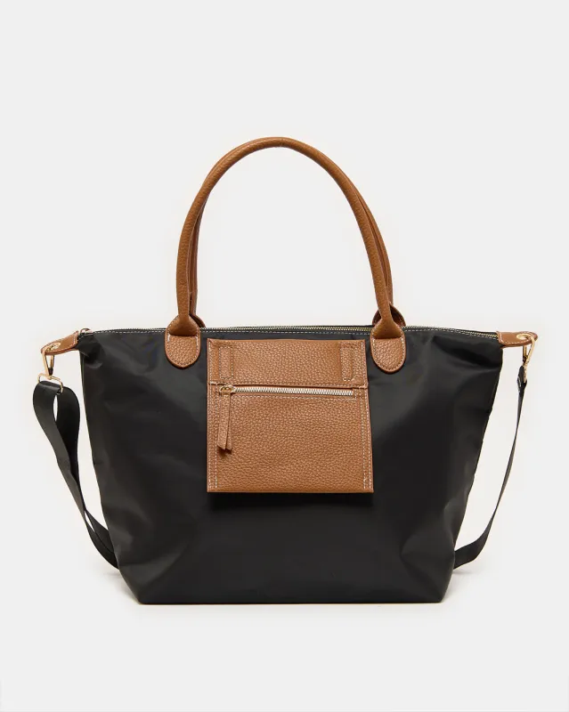 Women Black Tote Bag with Brown Handles and Front Pocket sold by Redtag