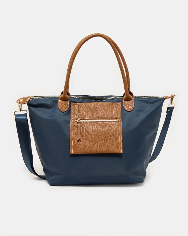 Women Navy and Brown Tote Bag with Front Pocket sold by Redtag