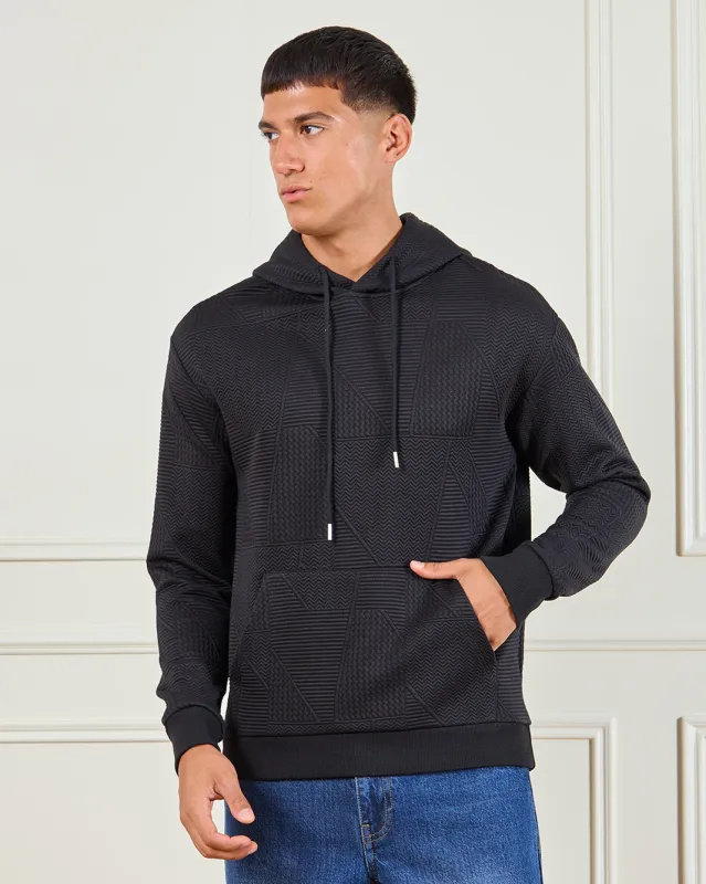 Men Black Jacquard Hooded Pullover sold by Redtag