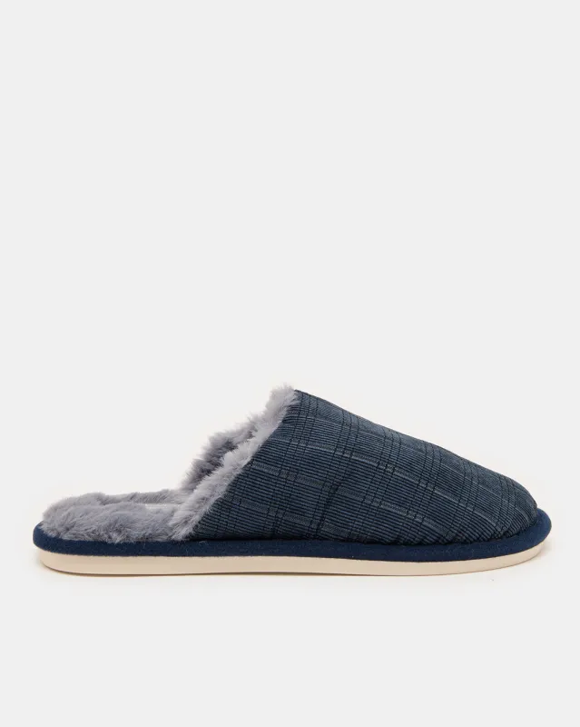 Men Navy Textured Fur Slippers sold by Redtag