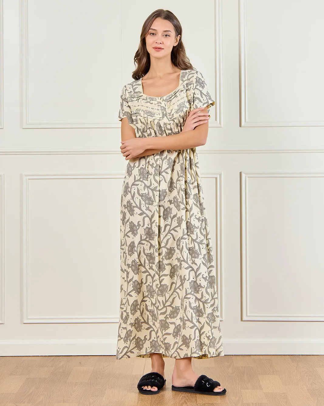 Women Beige Floral Nightgown with Short Sleeve sold by Redtag product image thumbnail 4