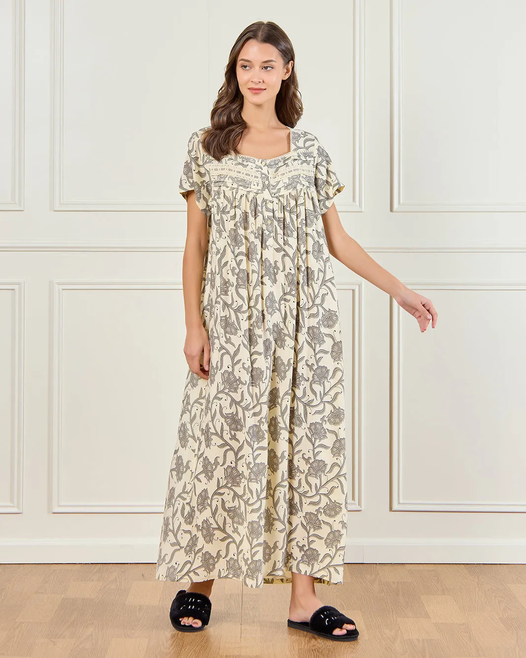 Women Beige Floral Nightgown with Short Sleeve sold by Redtag