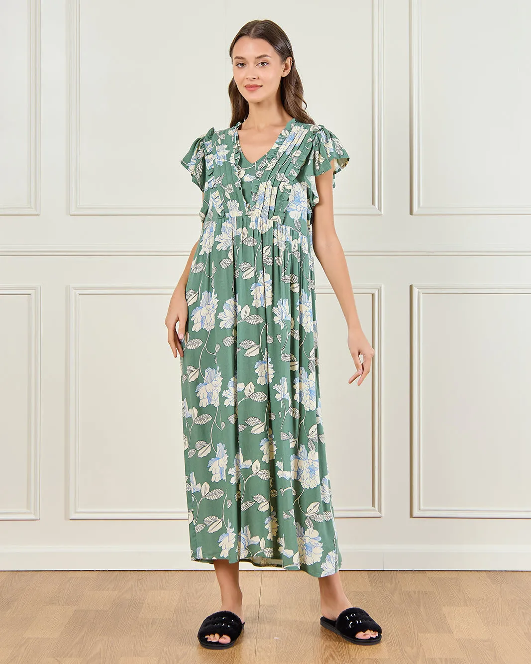 Women Green Floral Ruffle Sleeve Nightgown sold by Redtag product image thumbnail 4