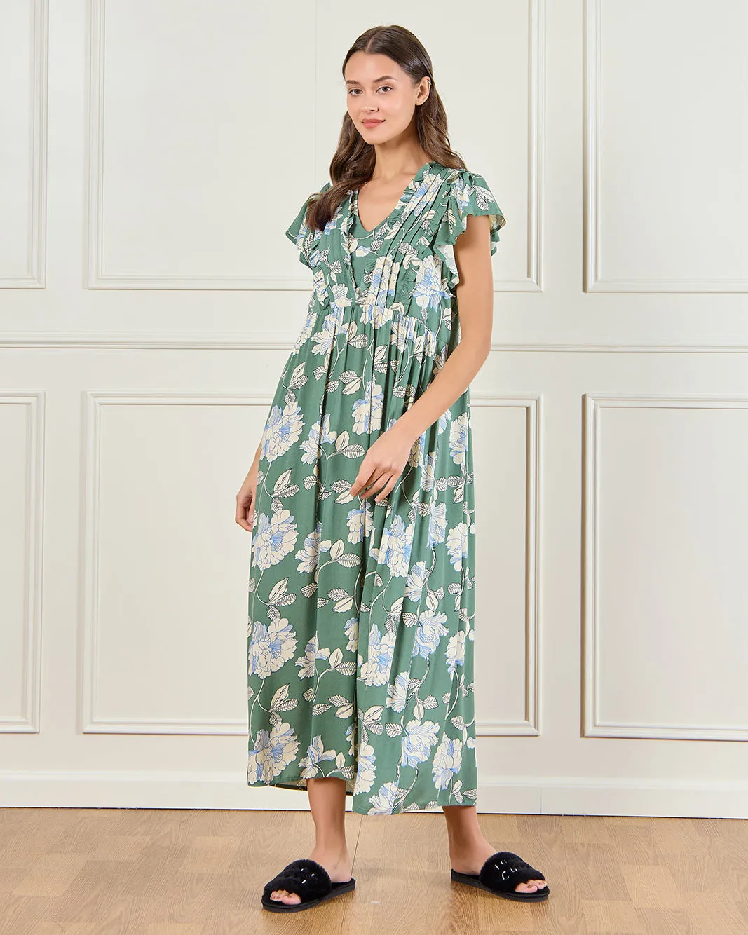 Women Green Floral Ruffle Sleeve Nightgown sold by Redtag