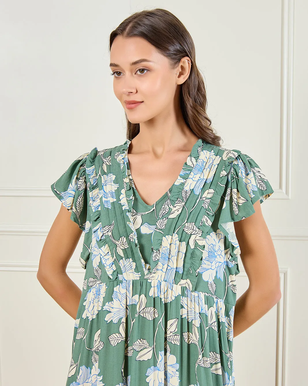 Women Green Floral Ruffle Sleeve Nightgown sold by Redtag product image thumbnail 2