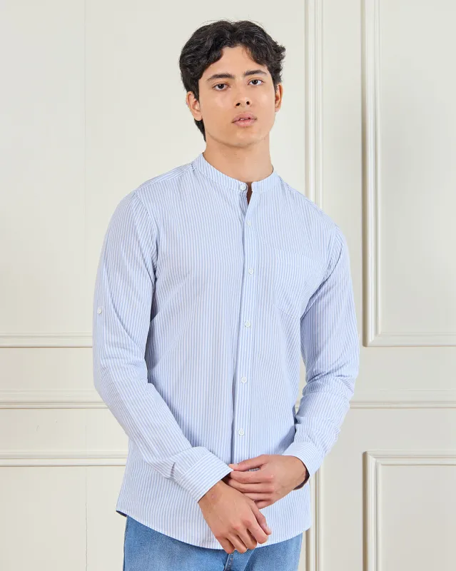 Men Blue Striped Long Sleeve Mandrain Collar Shirt sold by Redtag