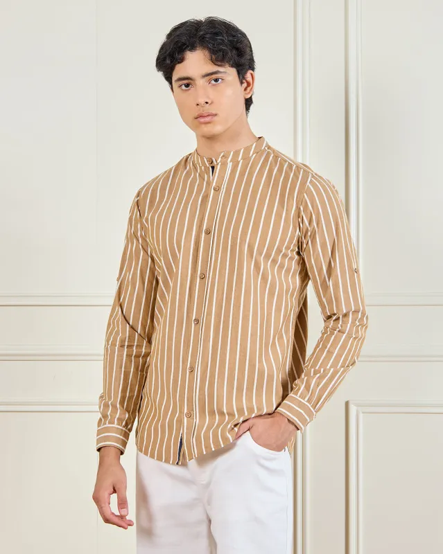 Men Brown Striped Mandrain Collar Shirt sold by Redtag