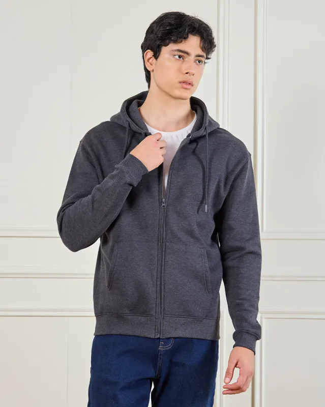 Men Charcoal Basic Zip Thru Hoodie Sweatshirt sold by Redtag