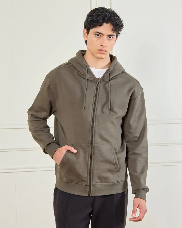 Men Olive Basic Zip Thru Hoodie Sweatshirt sold by Redtag