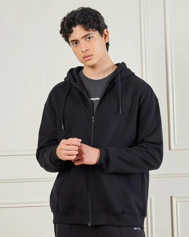 Men Black Basic Zip Thru Hooded Sweatshirt sold by Redtag