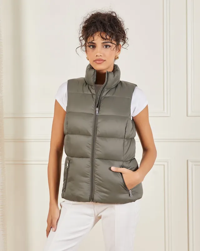 Women Olive Sleeveless Puffer Jacket sold by Redtag