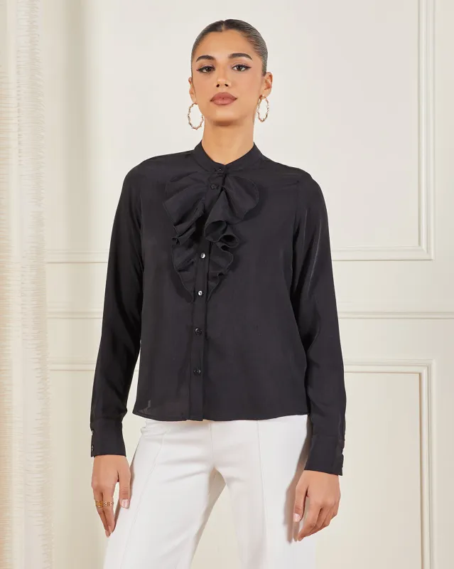 Women Black Plain Ruffle Blouse sold by Redtag