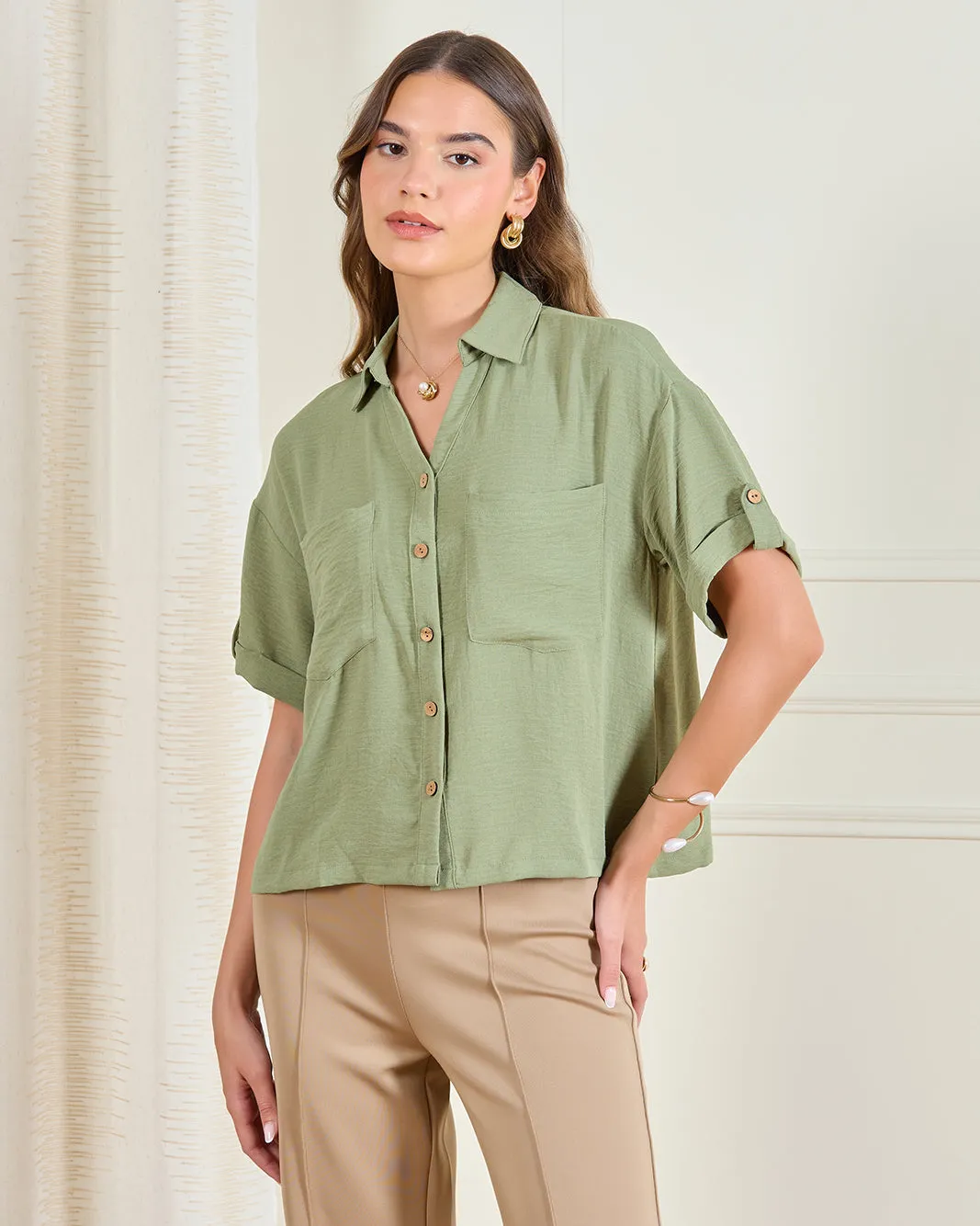 Women Green Collared Casual Blouse sold by Redtag