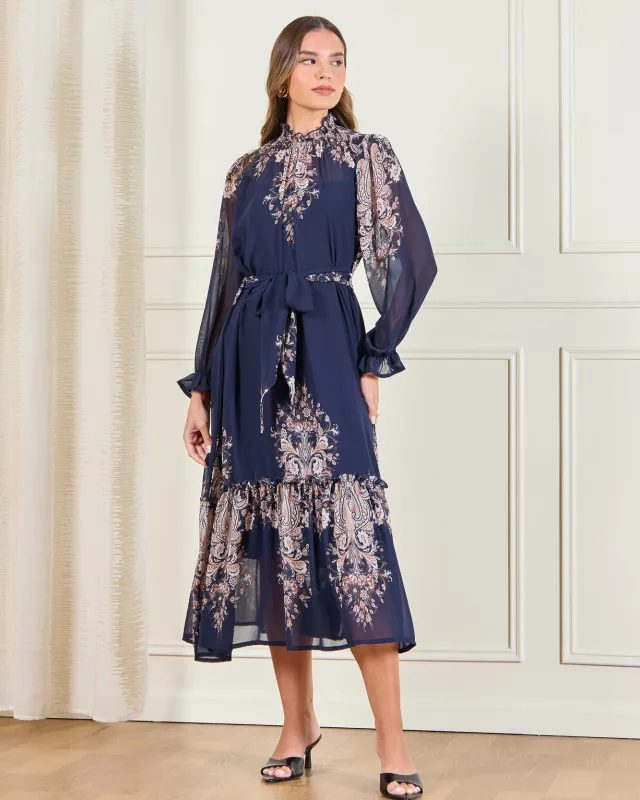 Women Navy Printed Flowy Belted Maxi Dress sold by Redtag