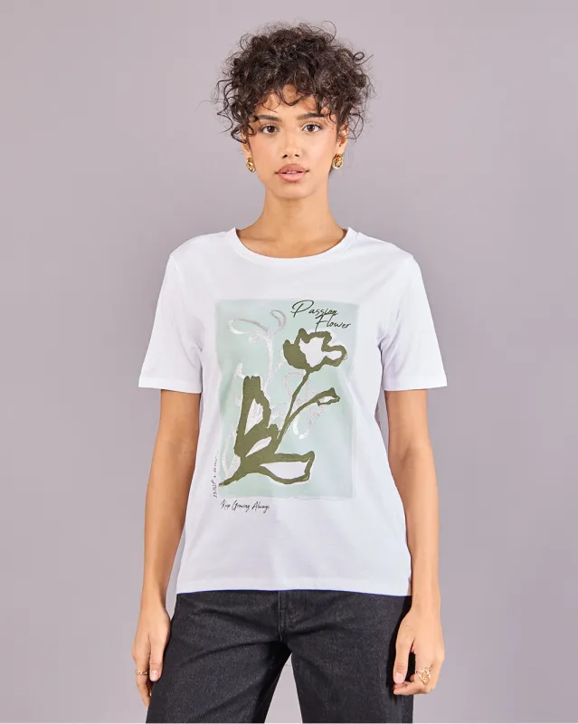 Women White Printed Short Sleeve T-Shirt sold by Redtag