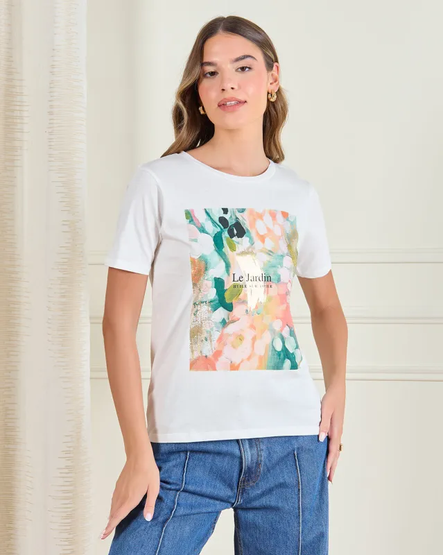 Women White Foil Print T-Shirt sold by Redtag